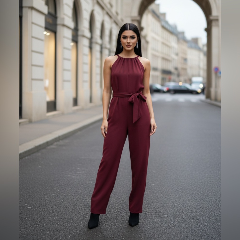 Trina Turk SZ 8 NWT burgundy “Azar Jumpsuit”. Bust 42”/PTP 21” flat/waist 40” - Picture 1 of 9